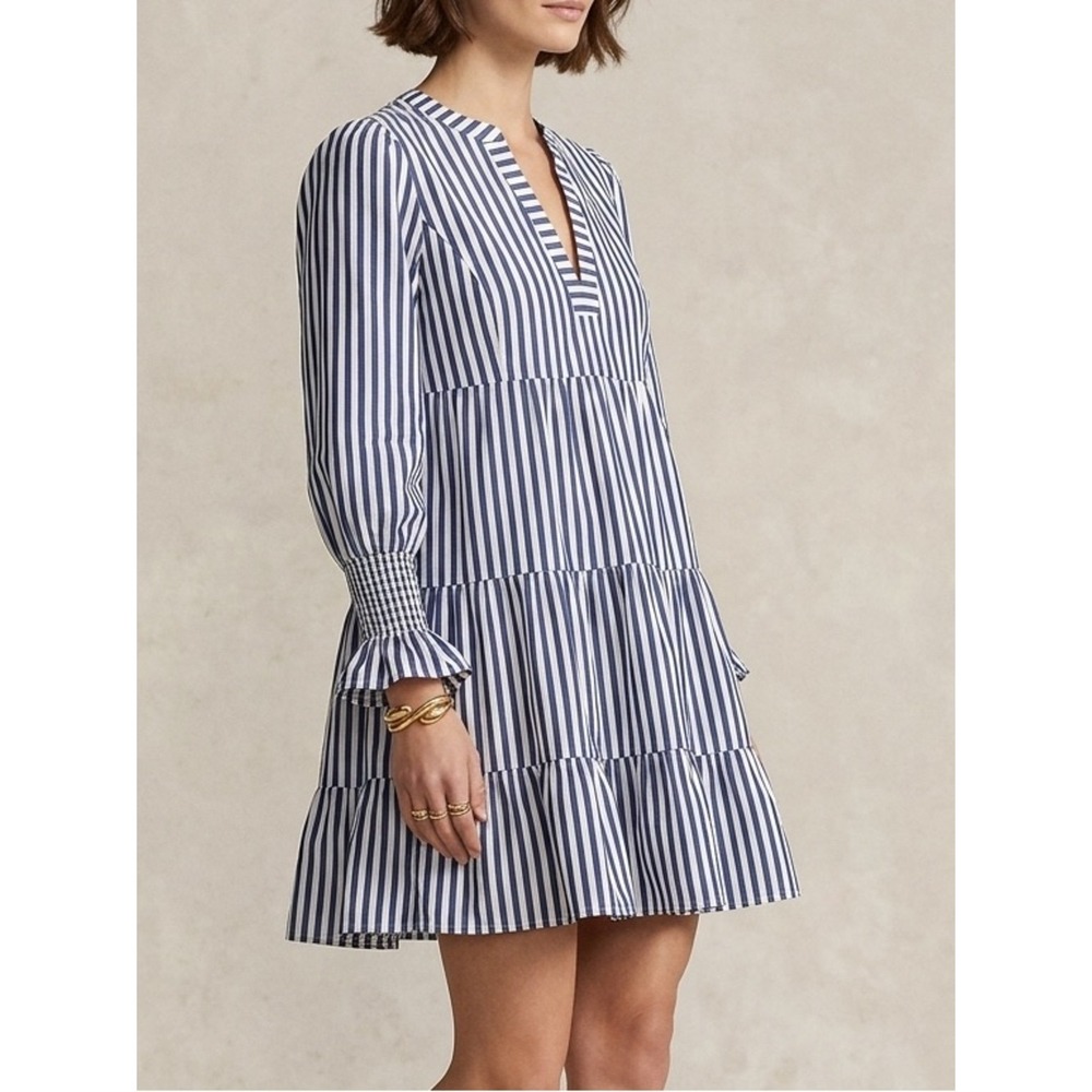 Pomander Place Tiered Mini Dress Womens XS Navy White Stripe‎ Smocked Babydoll